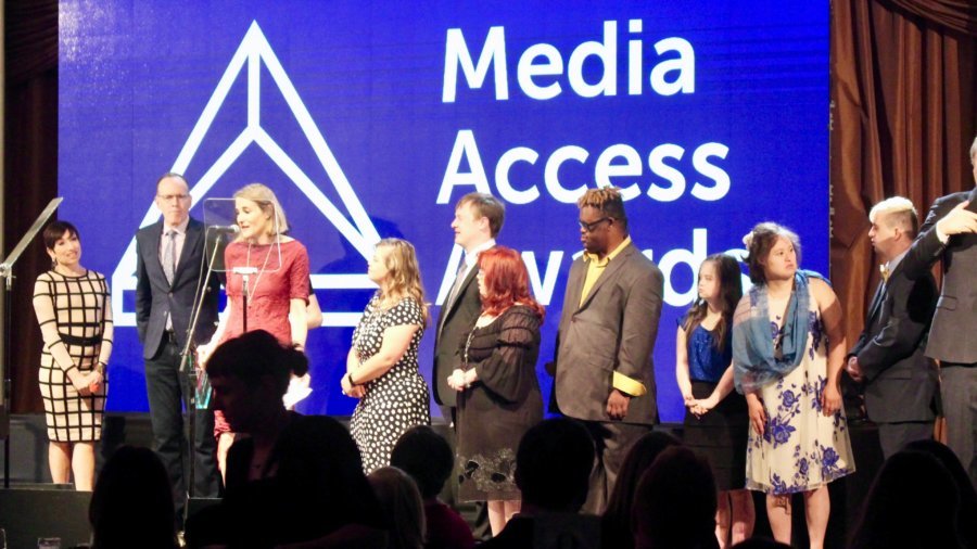 Jonathan Murray and the Born This Way cast present an award to Sasha Alpert and Megan Sleeper at the Media Access Awards 2018