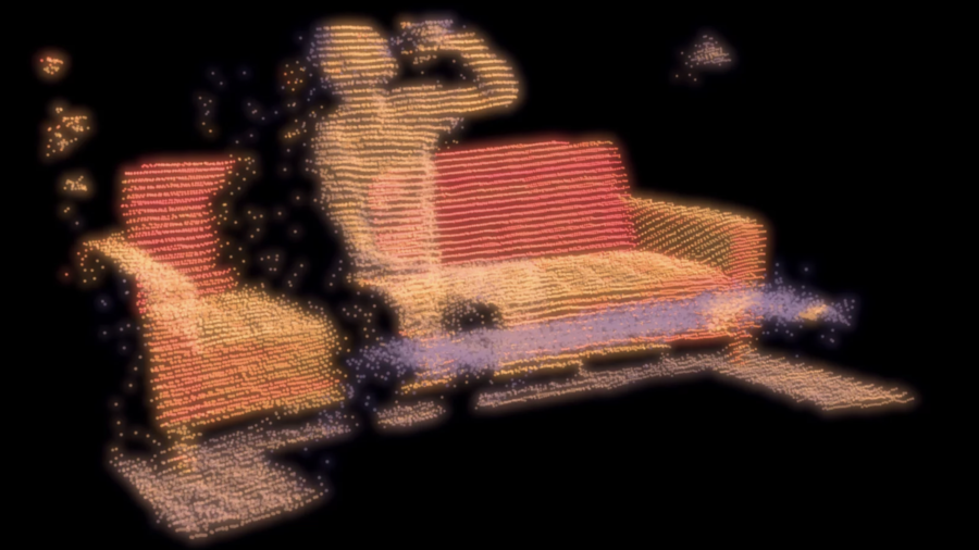 Still from film Forever showing a person drinking while seated on a couch using an experimental form of animation