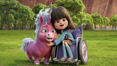 Still of Thelma the unicorn and Suzie, a girl using a wheelchair, from the Netflix animated film Thelma The Unicorn
