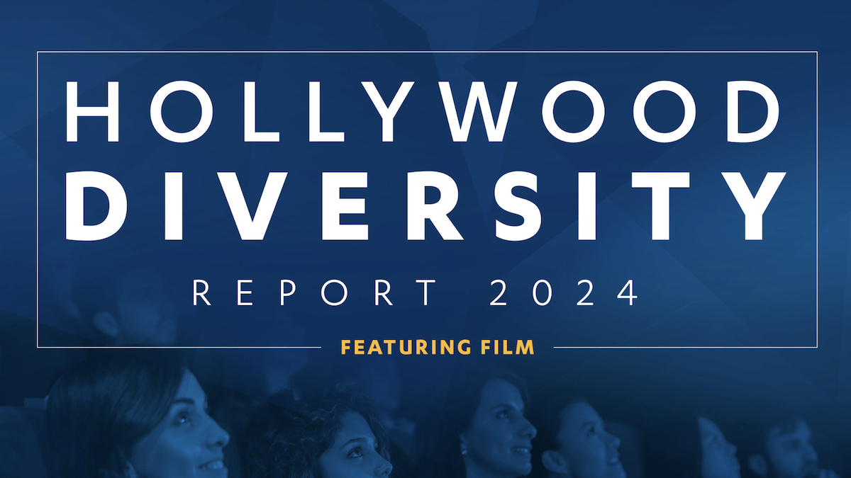 cover art for UCLA's Hollywood Diversity Report 2024: Featuring FIlm. background image is of people watching a movie in a theater